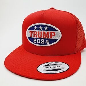 Trump MAGA Embroidered patch Flat Bill Trucker Mesh Snapback Cap Hat Red